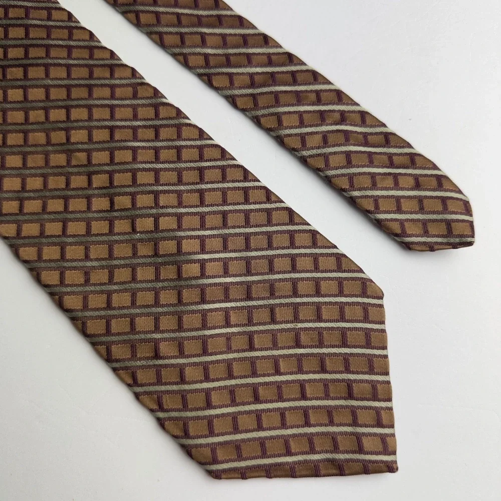 Calvin Klein Mens Silk Necktie Bronze Burgundy Geometric Grid Pattern Tie Preppy